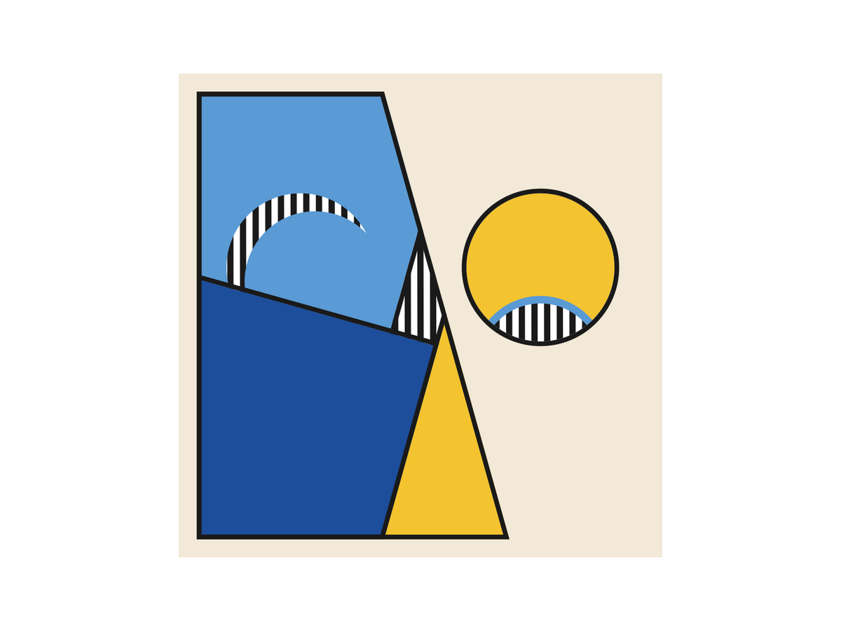 A Moon & Piano composition with interlocking blue and yellow shapes and black-and-white stripes.